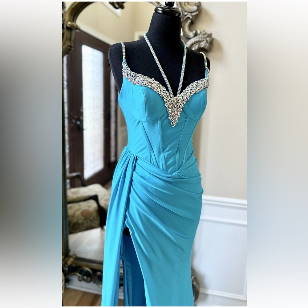 Portia and Scarlett Turquoise Blue Maxi Formal Evening Fitted Gown Size 4 - Picture 5 of 16